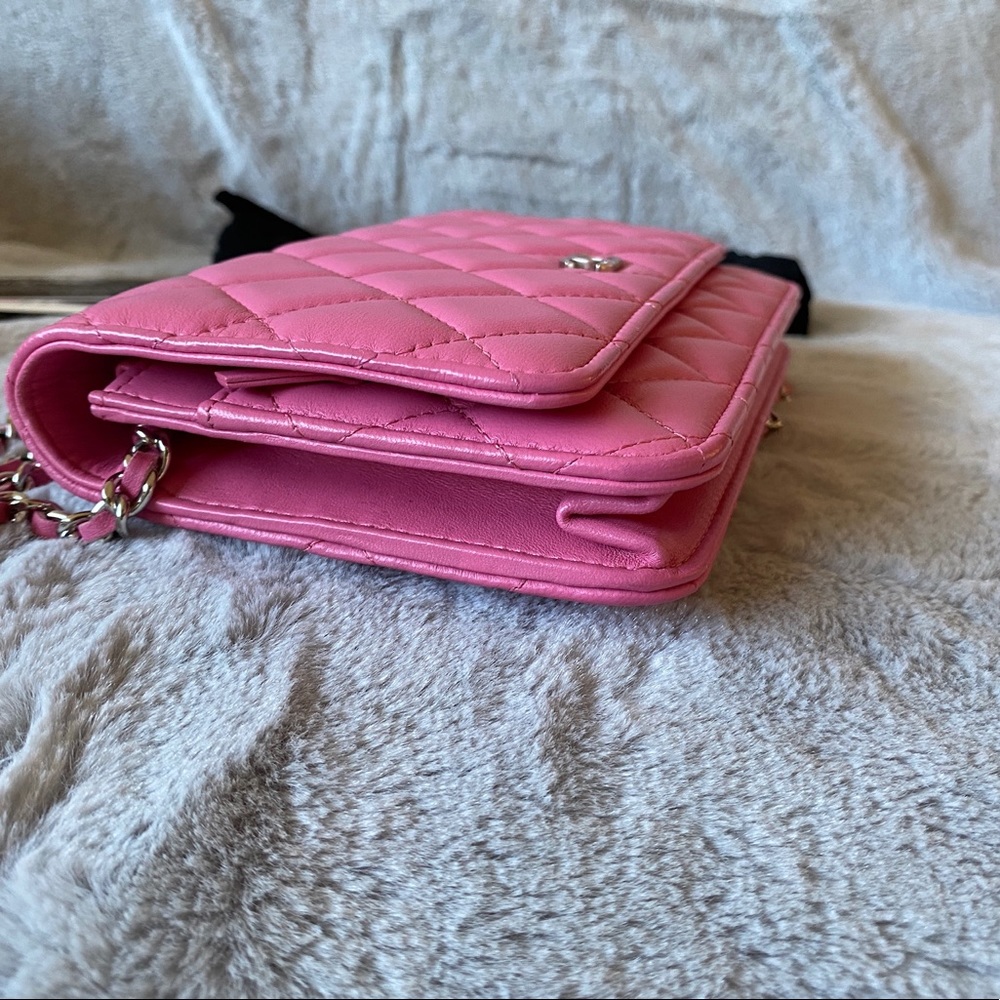 SOLD CHANEL Lambskin Quilted Wallet on Chain WOC Pink with glittered CC log - Picture 7 of 13
